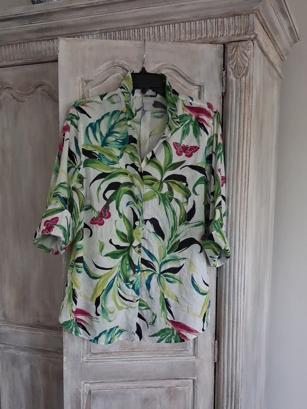 Chico's Tropical White Button-Down Shirt with Green and Pink Print